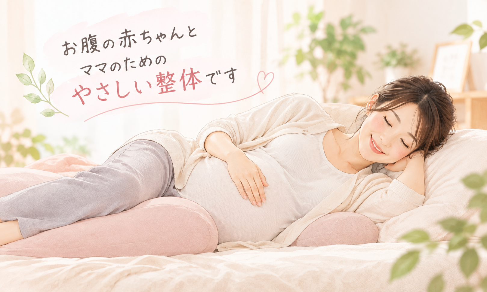 お腹の赤ちゃんとママのためのやさしい整体。妊婦さんが横向きで穏やかに微笑むイラスト